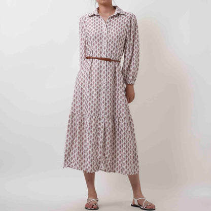 Casual Long Sleeve Midi Dress - Flowing Non-Stretch Fabric with Included Belt Cherie Code