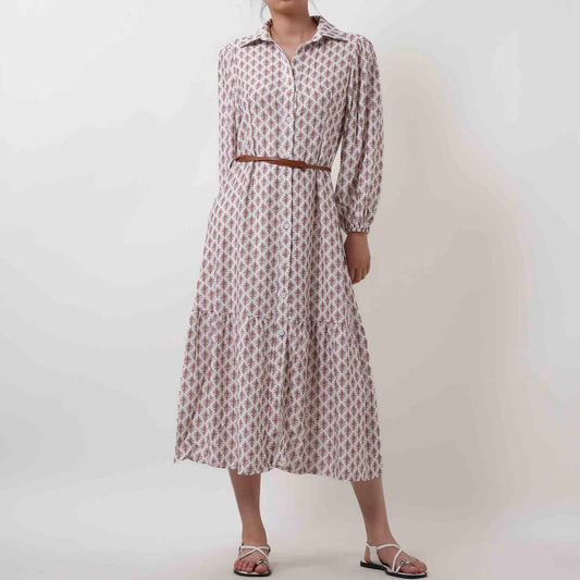 Casual Long Sleeve Midi Dress - Flowing Non-Stretch Fabric with Included Belt Cherie Code