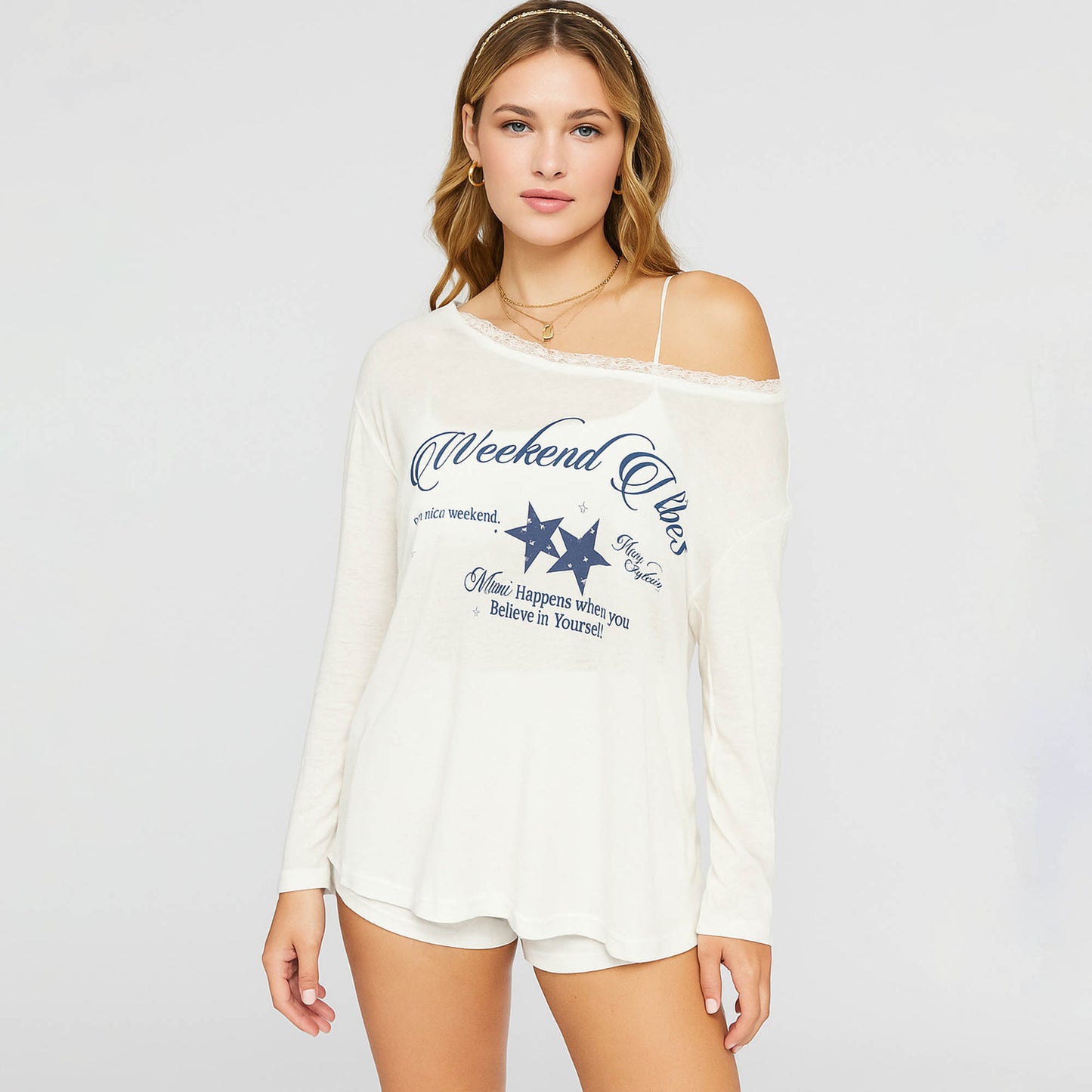 Cherie Code Women’s Graphic Tee – Knit Fabric, Off-Shoulder, Long Sleeve