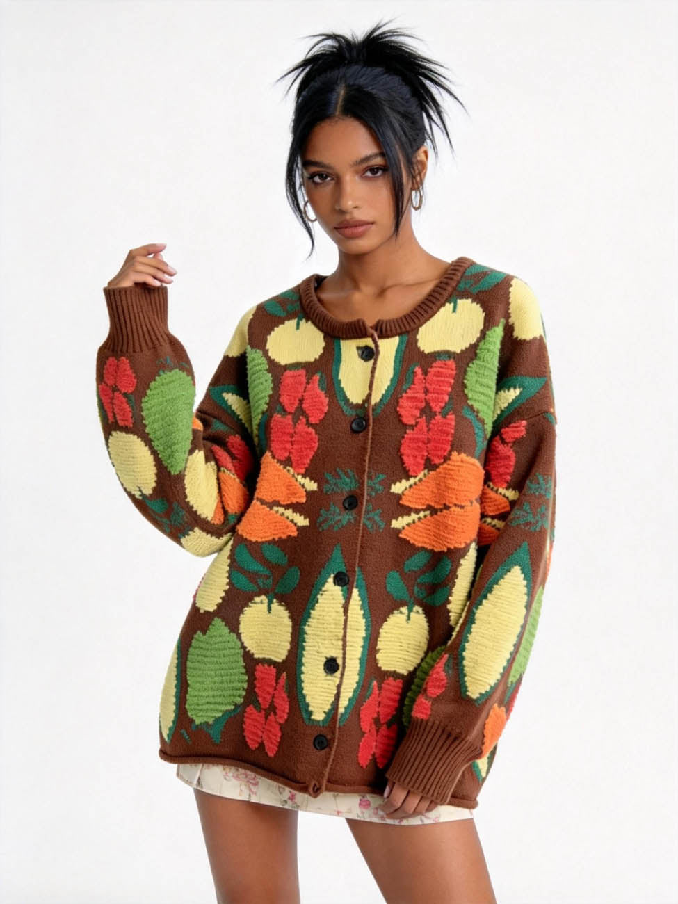 Women's Veggie Garden Jacquard Knit Cardigan -Casual Button Front Sweater Long Sleeves