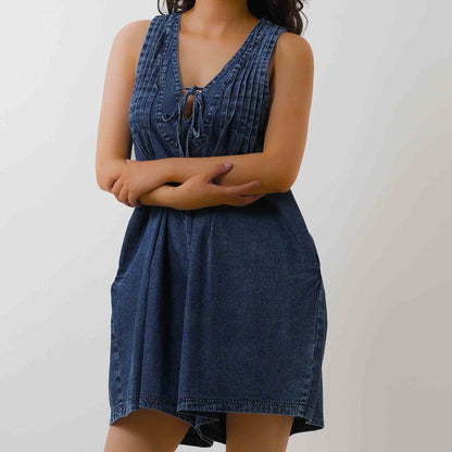 Women's Denim Romper - Sleeveless V-Neck Jumpsuit with Tie Front & Pockets Cherie Code