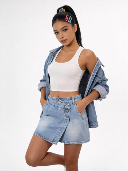 Cherie Code Women’s High-Rise Button Front Denim Mini Skirt – Asymmetrical Hem A-Line Jean Skirt , Casual Summer Y2K Style