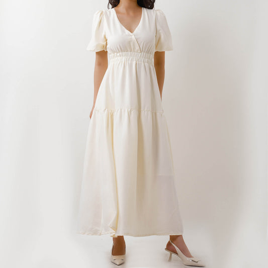 Women's V-Neck Midi Dress - Short Bubble Sleeves & Elastic Waist Casual Dress Cherie Code