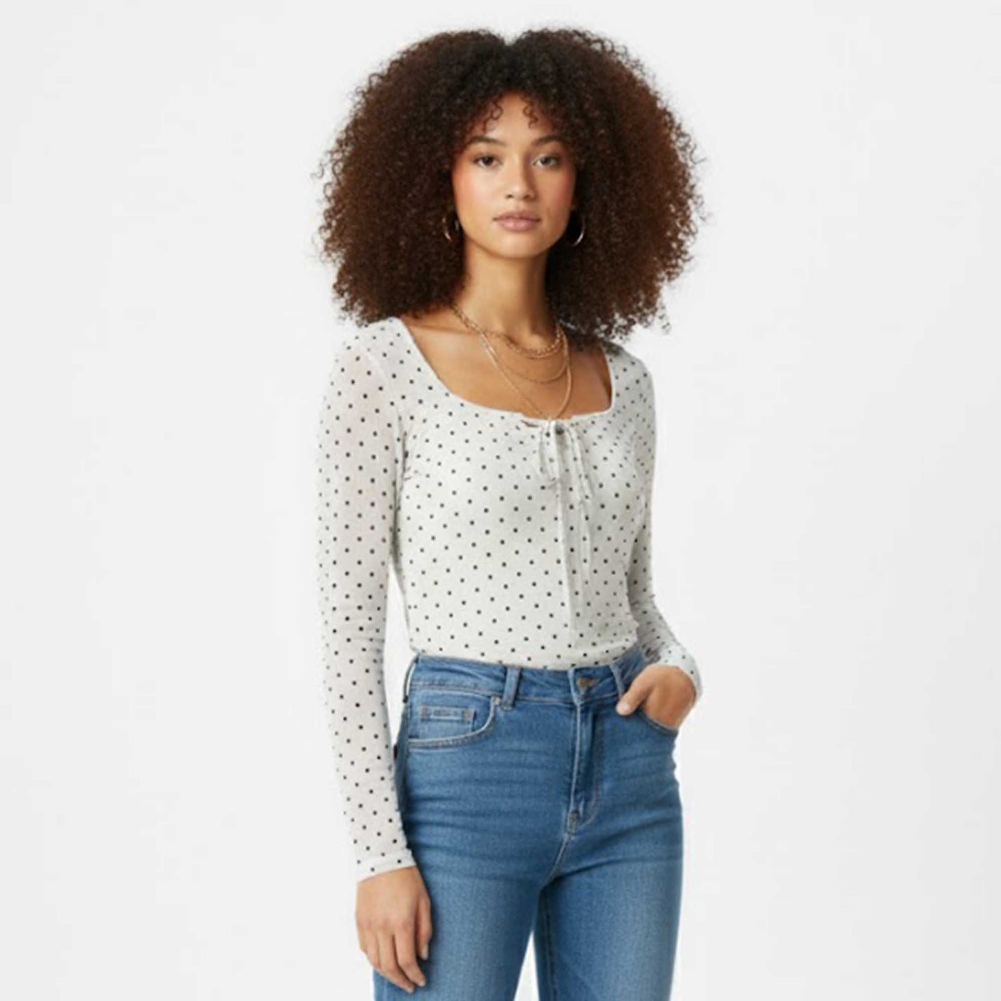 Cherie Code Women’s Knit Top – Polka Dot, Square Neck, Long Sleeve