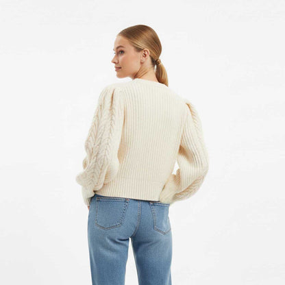 Cherie Code Women’s Cream Cable‑Knit Heart Pattern Sweater – Cozy Round Neck Long Sleeve Pullover