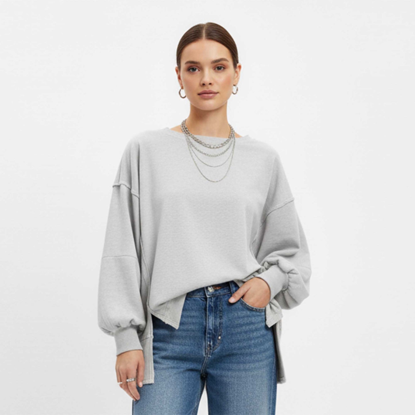 Women's Slouchy Crewneck Sweatshirt - Stretch Polyester Blend with Side Slit Details Cherie Code