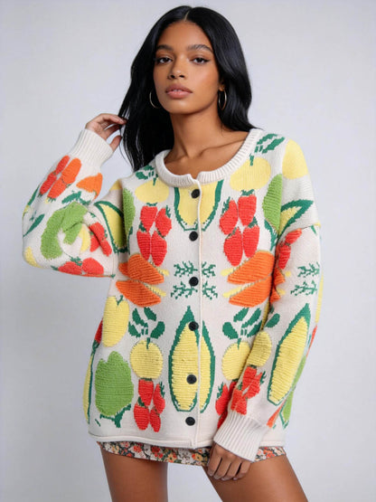 Women's Veggie Garden Jacquard Knit Cardigan -Casual Button Front Sweater Long Sleeves