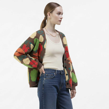 Women's Veggie Garden Jacquard Knit Cardigan -Casual Button Front Sweater Long Sleeves