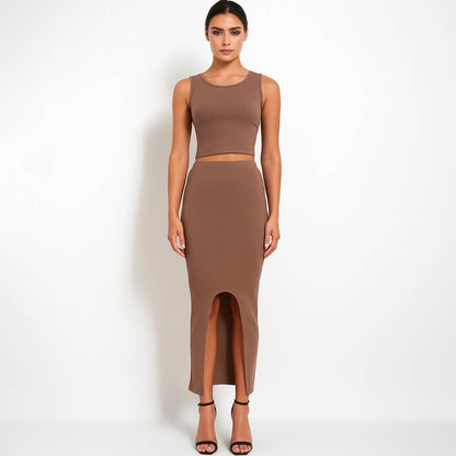 Woman Stretch Viscose Slim Fit Skirt Set - Sleeveless Crop Top 2PCS Outfit Cherie Code