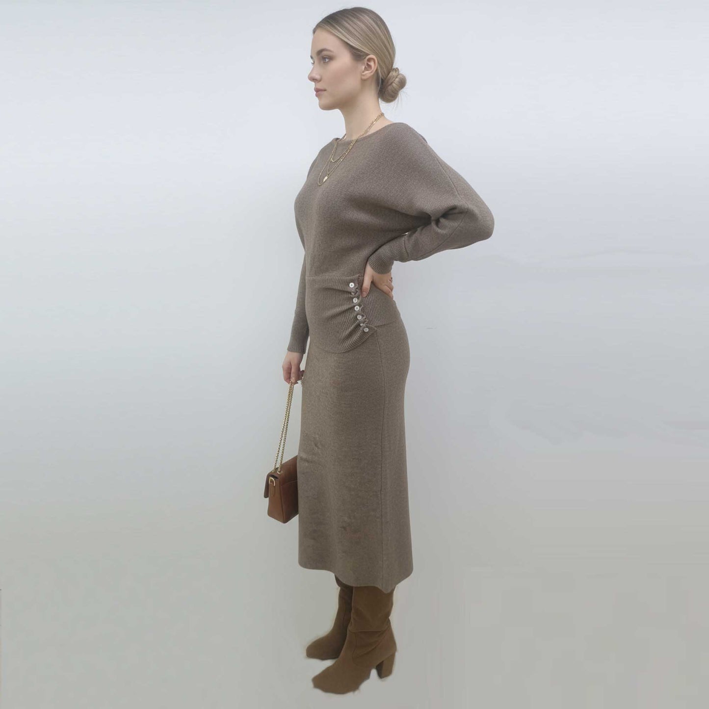 Cherie Code Women’s Knit Sweater Top & Midi Skirt Set – Stretch Knit Pullover with Button Detail & Elastic Waist