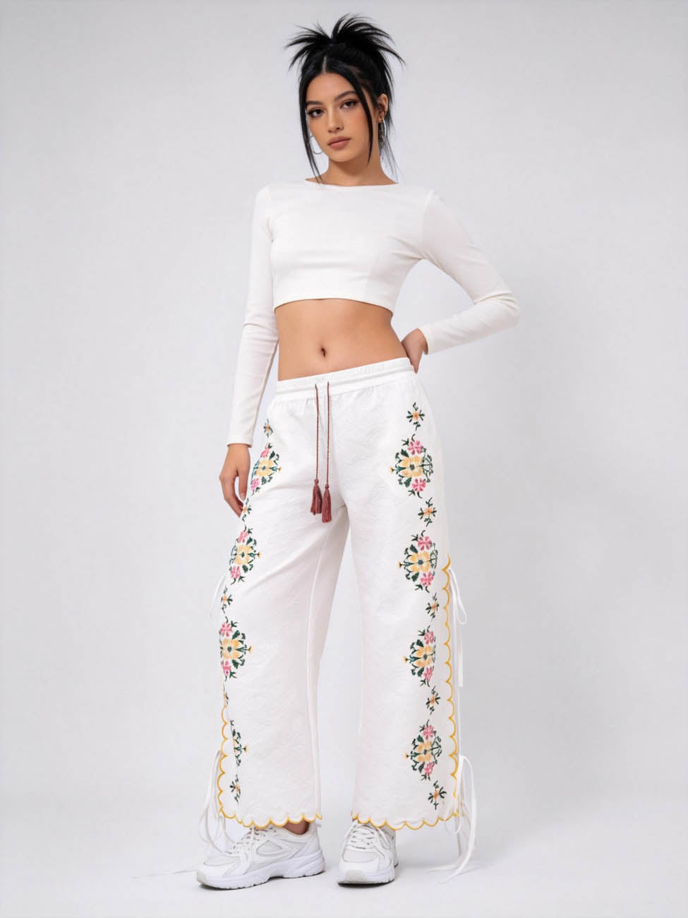 Women’s Embroidered Wide Leg Pants – Floral Drawstring High Waist Boho Lounge Trousers, Lightweight Polyester