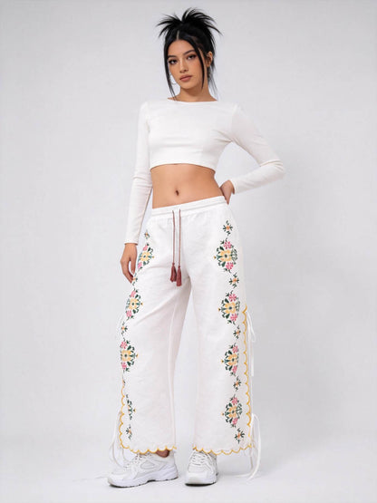 Women’s Embroidered Wide Leg Pants – Floral Drawstring High Waist Boho Lounge Trousers, Lightweight Polyester