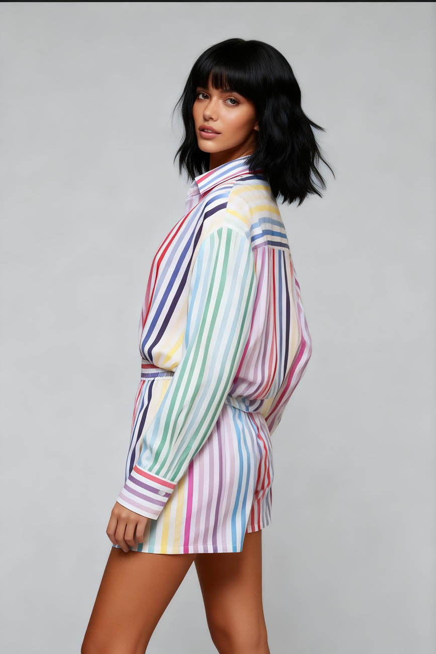 Cherie Code Women's Striped Button-Down Long Sleeve Shirt and High Waist Shorts Set – Striped Casual Loungewear Set