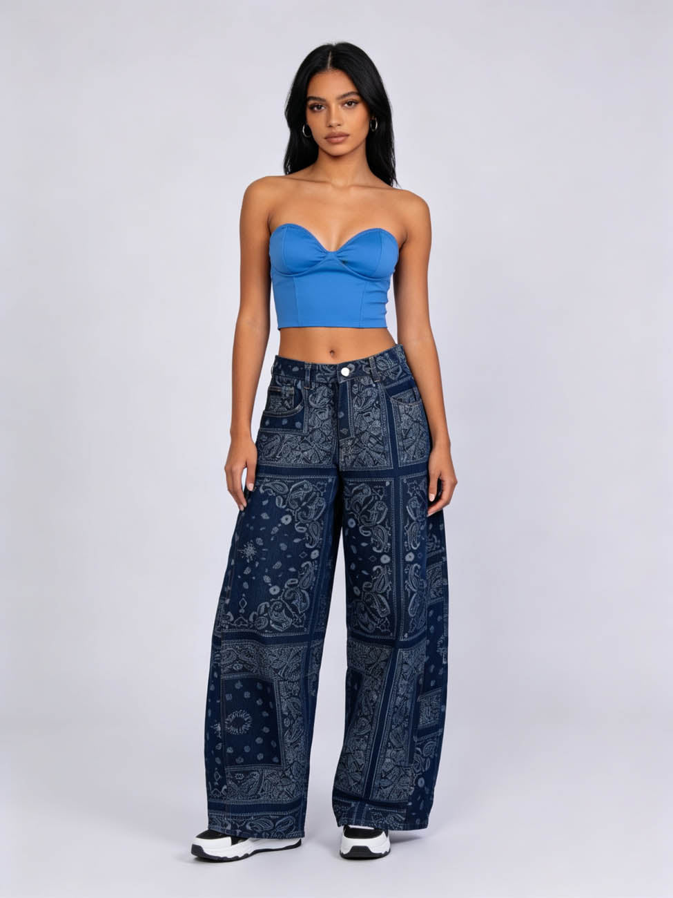 Cherie Code Women's High-Rise Wide Leg Bandana Print Jeans – Vintage Paisley Patchwork Denim Pants, Relaxed Fit Casual Streetwear