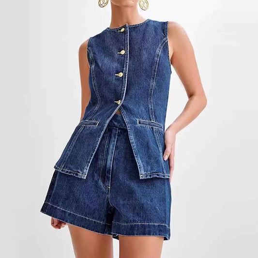 Women's Denim Shorts Set - High Waist Casual Outfit Sleeveless Top with Shorts Cherie Code