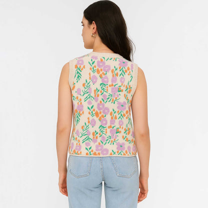Woman Floral Knit Sleeveless Vest – 40% Acrylic Blend, Casual Fit Cherie Code