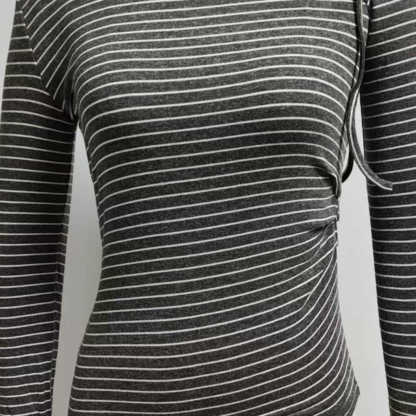 Cherie Code Women’s Grey Stripe One‑Shoulder Tie Long‑Sleeve Tee – Chic Ribbed Knit Casual Top