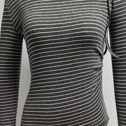 Cherie Code Women’s Grey Stripe One‑Shoulder Tie Long‑Sleeve Tee – Chic Ribbed Knit Casual Top