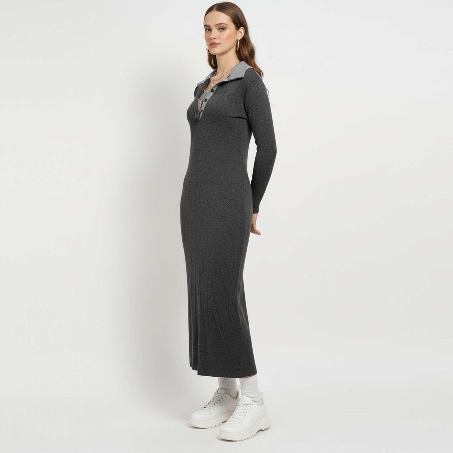 Cherie Code Women’s Grey Ribbed Knit Maxi Dress – Long‑Sleeve Collared Slim Fit Sweater Dress