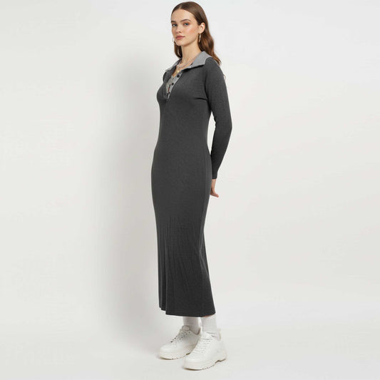Cherie Code Women’s Grey Ribbed Knit Maxi Dress – Long‑Sleeve Collared Slim Fit Sweater Dress