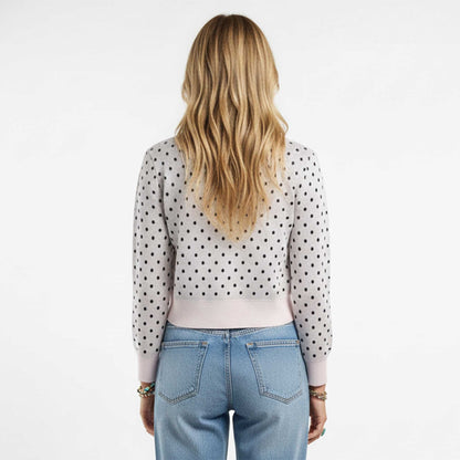 Cherie Code Women’s Grey Polka‑Dot Long‑Sleeve Knit Cardigan – Stretch Rib Knit Button‑Front Sweater
