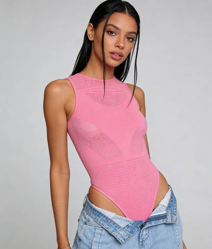 Cherie Code Women's Seamless Sleeveless Knit Bodysuit – Breathable Stretch Slim Fit Round Neck One Piece Top