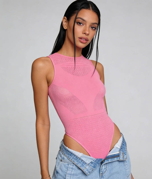 Cherie Code Women's Seamless Sleeveless Knit Bodysuit – Breathable Stretch Slim Fit Round Neck One Piece Top