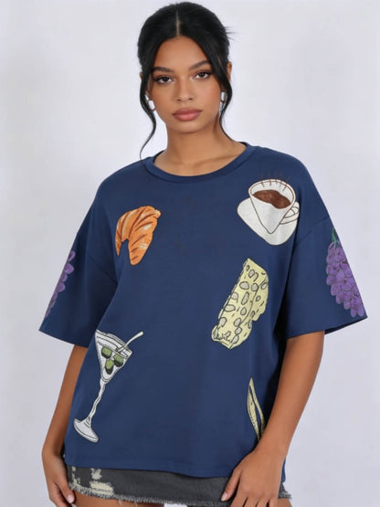 Women's Oversized Graphic T-Shirt – Casual Loose Fit Short Sleeve Tee with Food & Drink Print, Crewneck Summer Streetwear Top