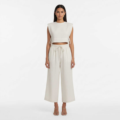 Women Khaki Linen-Cotton Sleeveless Slim Fit Set – Stretch Two-Piece Outfit Cherie Code
