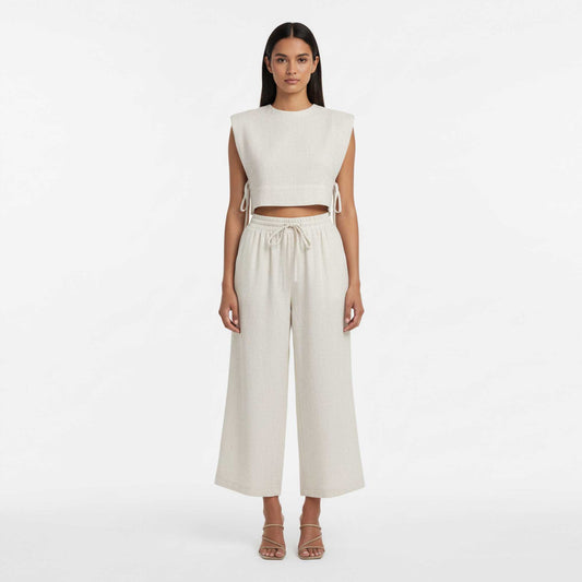 Women Khaki Linen-Cotton Sleeveless Slim Fit Set – Stretch Two-Piece Outfit Cherie Code