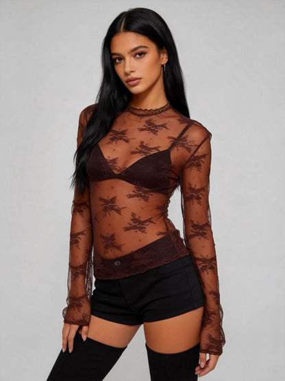 2 piece Women’s  Sheer Lace Long Sleeve Top – High Neck, Sexy & Layering Essential Cherie Code Buy 2 Save!