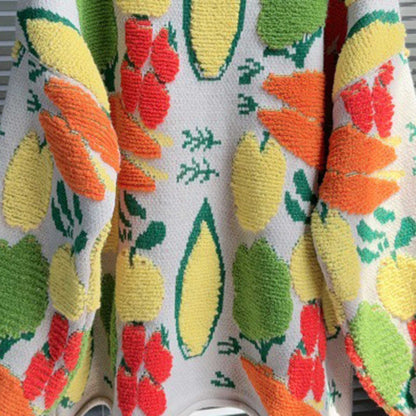 Women's Veggie Garden Jacquard Knit Cardigan -Casual Button Front Sweater Long Sleeves