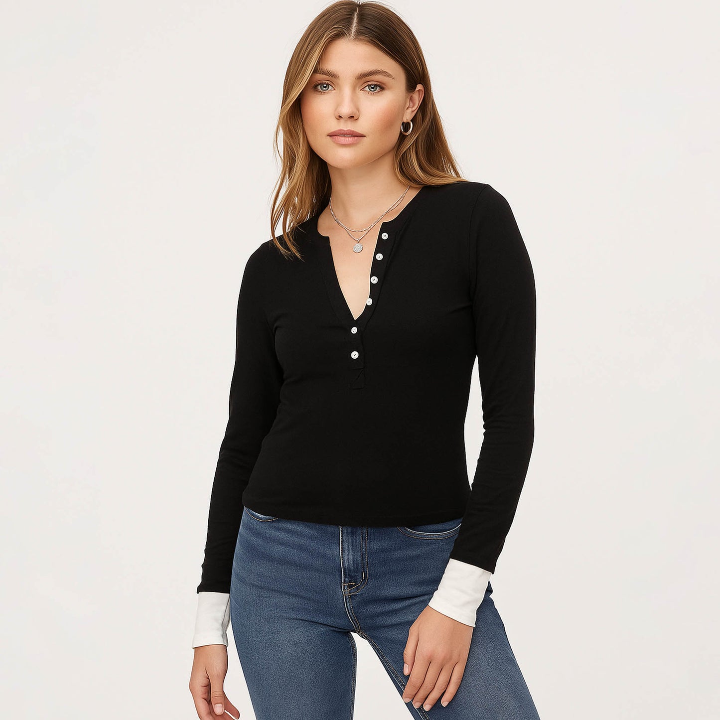 Cherie Code Women’s Henley Top – Rib Knit, Long Sleeve, Contrast Detail
