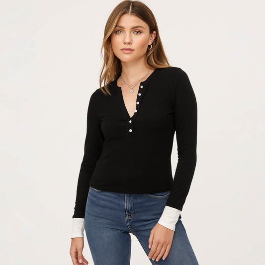 Cherie Code Women’s Henley Top – Rib Knit, Long Sleeve, Contrast Detail