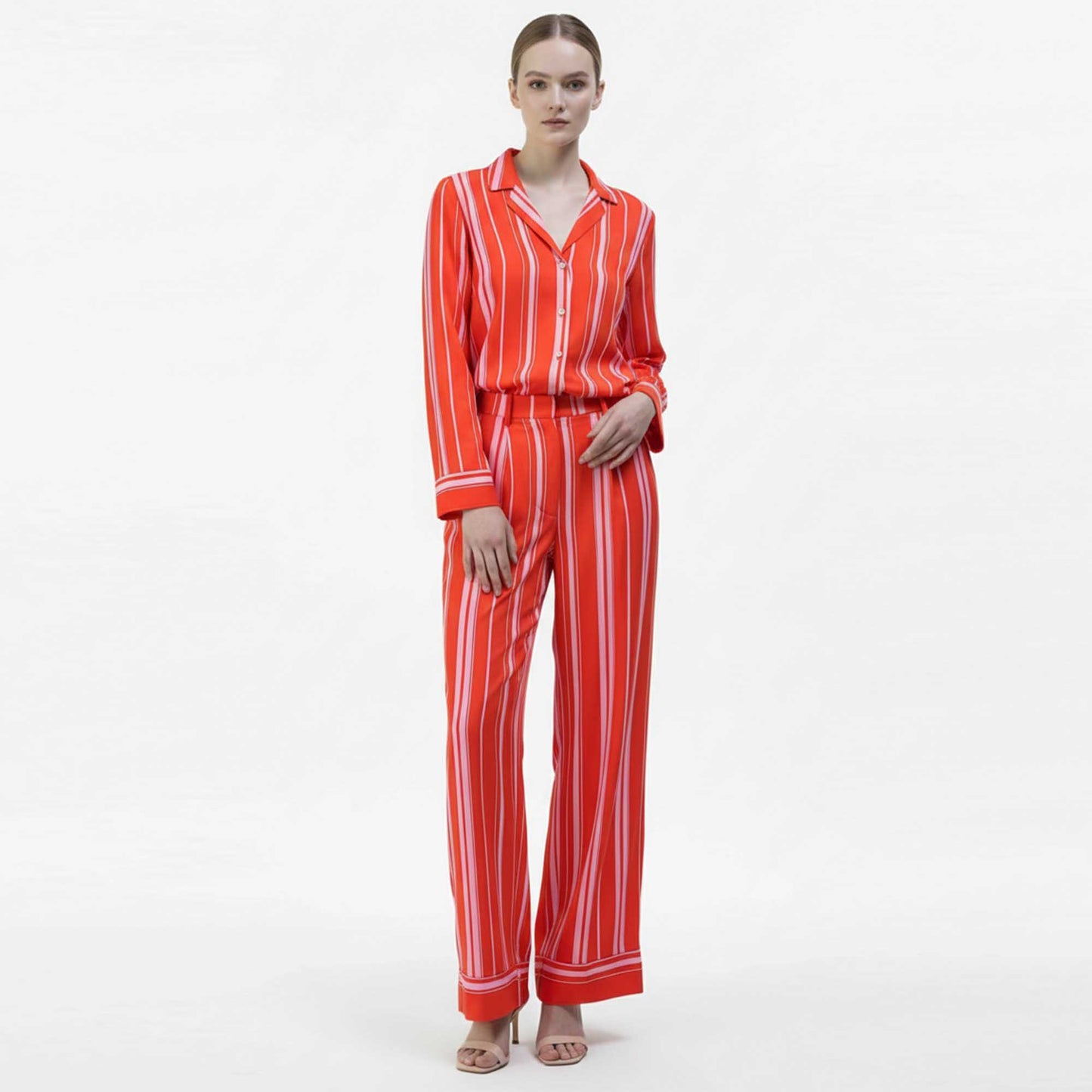 Cherie Code Women’s Striped Color‑Block Lounge Set – Button‑Front Shirt & Elastic‑Waist Wide‑Leg Pants
