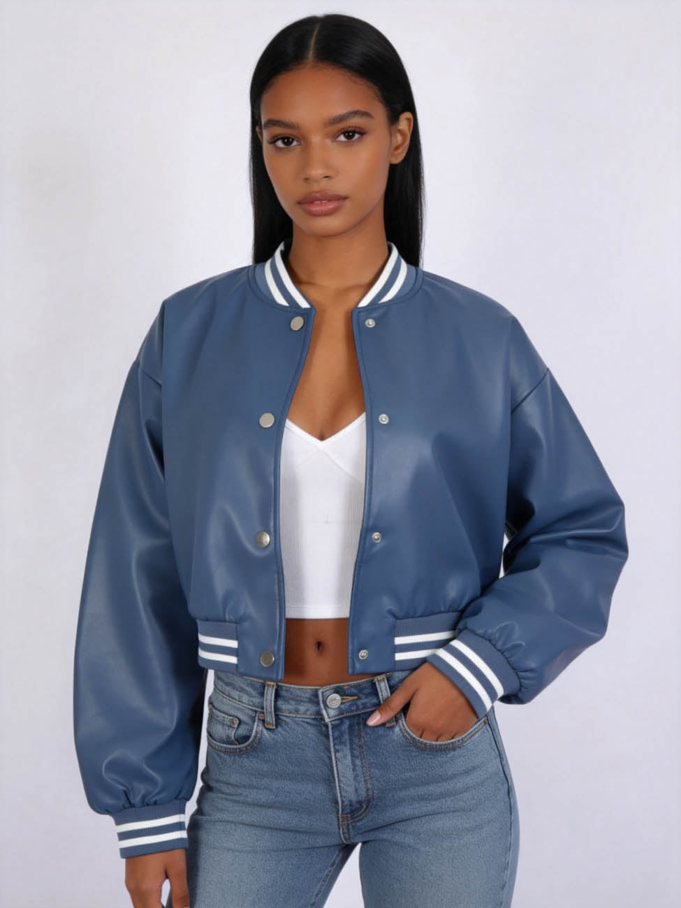 Cherie Code Women's Faux Leather Varsity Bomber Jacket – Snap Button Long Sleeve Cropped Baseball Jacket with Striped Rib Trim