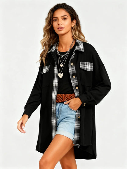 Women’s Long Sleeve Button-Down Shirt Jacket with Plaid Trim – Soft Stretch Fabric