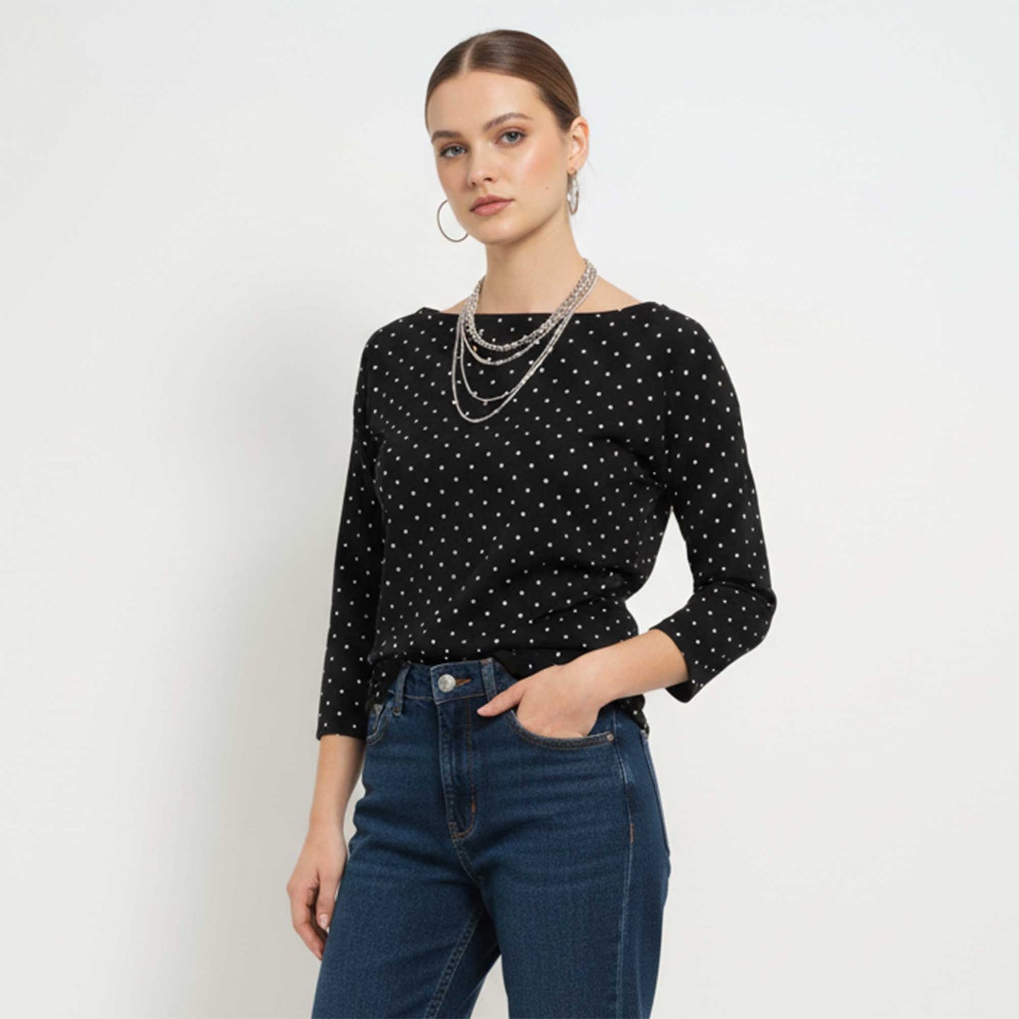 Cherie Code Women’s Polka‑Dot Long‑Sleeve Tee – Navy Dot Print Scoop Neck Casual Top