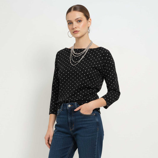 Cherie Code Women’s Polka‑Dot Long‑Sleeve Tee – Navy Dot Print Scoop Neck Casual Top
