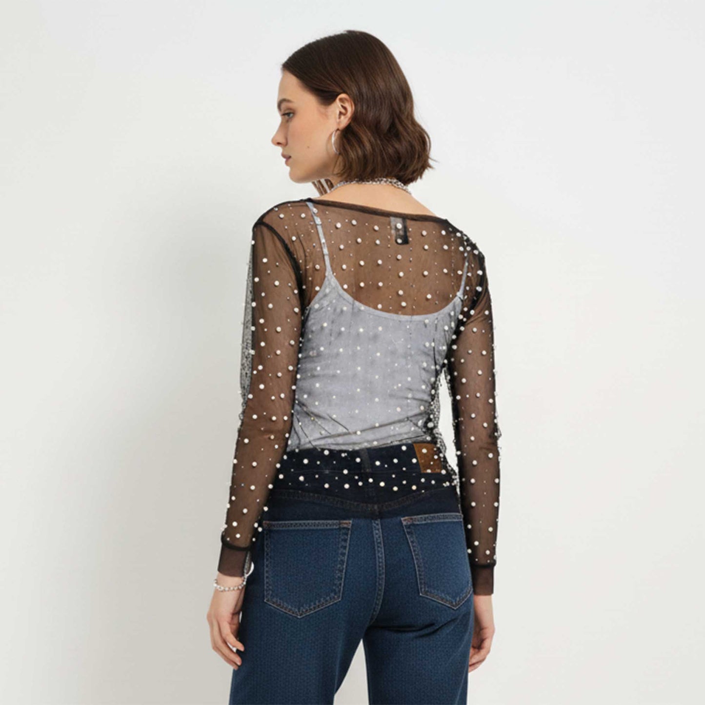 Women's Elegant Pearl & Rhinestone Sheer Top - Slim Fit Long Sleeve Layering Blouse Cherie Code