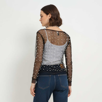 Women's Elegant Pearl & Rhinestone Sheer Top - Slim Fit Long Sleeve Layering Blouse Cherie Code