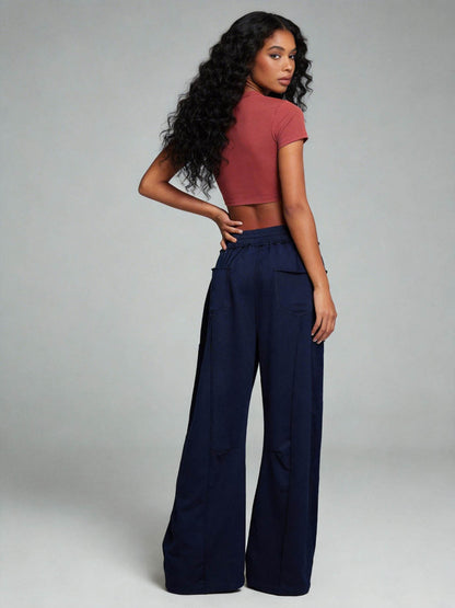 Cherie Code Women's High-Rise Wide Leg Pants with Drawstring and Pockets – Stretch Knit Casual Lounge Pants