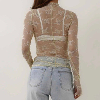 Women's Floral Lace Slim-Fit Top – Sheer Stretch Tee with Baby Overlock Edge Cherie Code