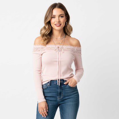 Cherie Code Women’s Off‑Shoulder Lace Trim Long Sleeve Top – Slim Fit Knit Blouse with Bow Detail