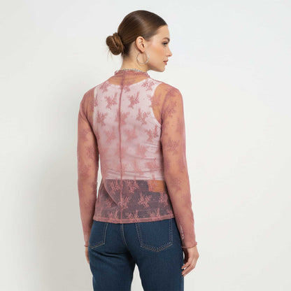 Women's Floral Lace Slim-Fit Top – Sheer Stretch Tee with Baby Overlock Edge Cherie Code