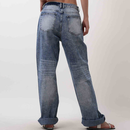 Women's High Waist Straight Leg Jeans - Distressed Wash with 5-Pocket Design Cherie Code