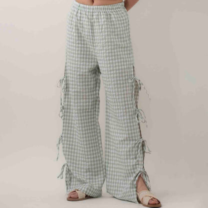 Women Everyday Checked Elastic Waist Side Strape Bowtie Casual Loungewear Pants Cherie Code
