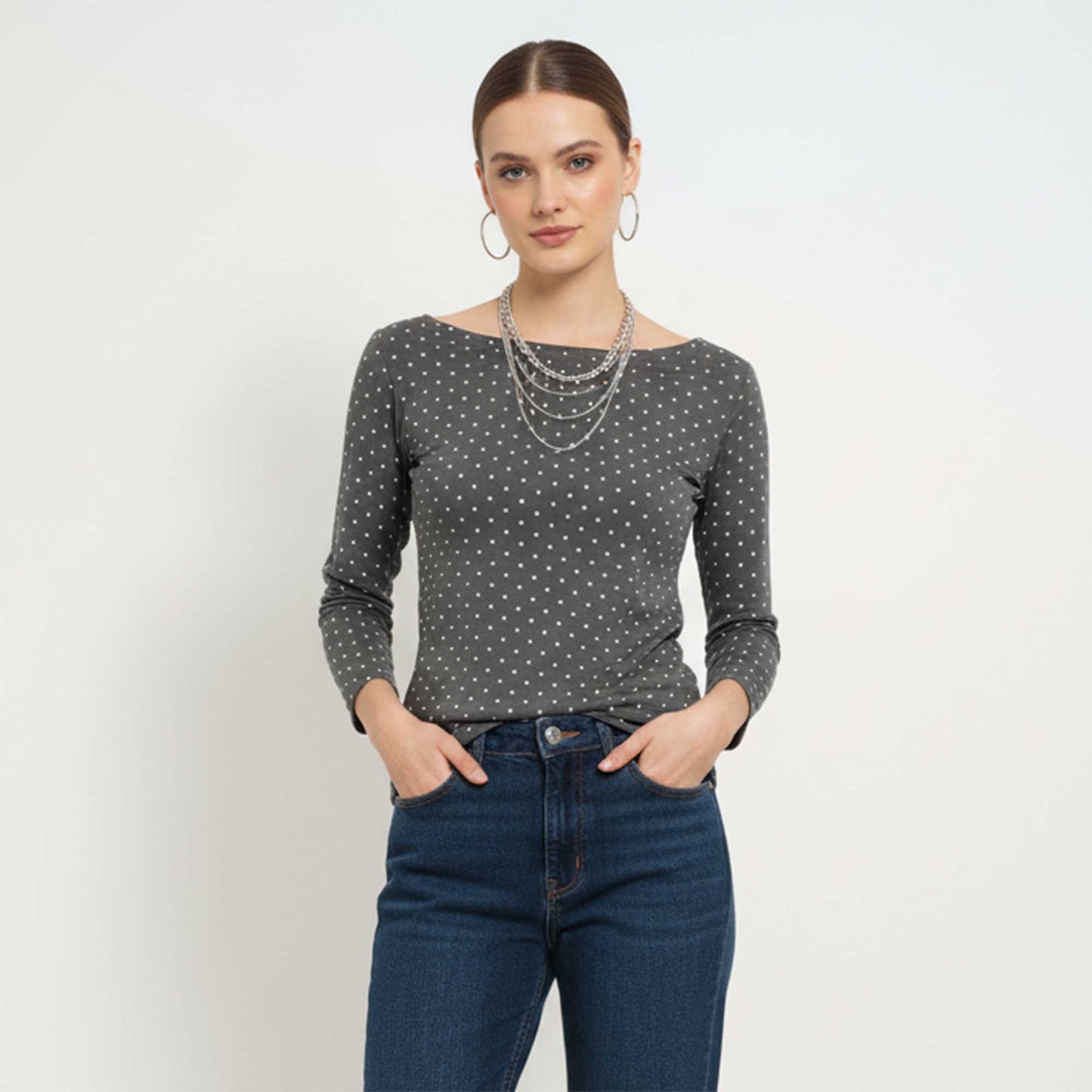 Cherie Code Women’s Polka‑Dot Long‑Sleeve Tee – Navy Dot Print Scoop Neck Casual Top