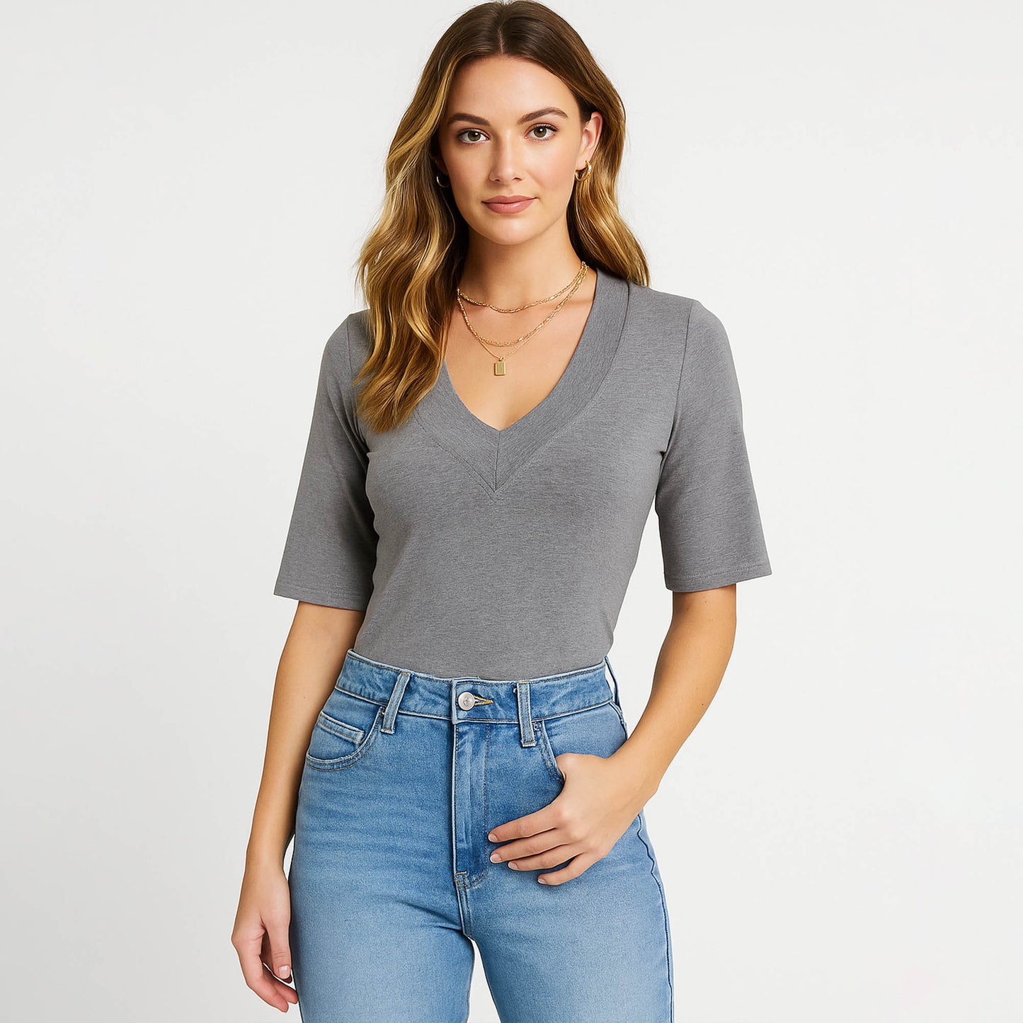 Cherie Code Women’s V-Neck Tee – Stretch Knit, Elbow Sleeve, Fitted Silhouette