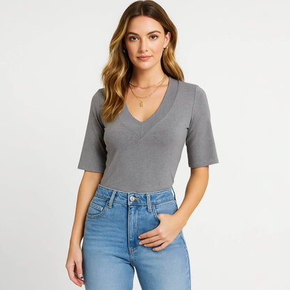 Cherie Code Women’s V-Neck Tee – Stretch Knit, Elbow Sleeve, Fitted Silhouette